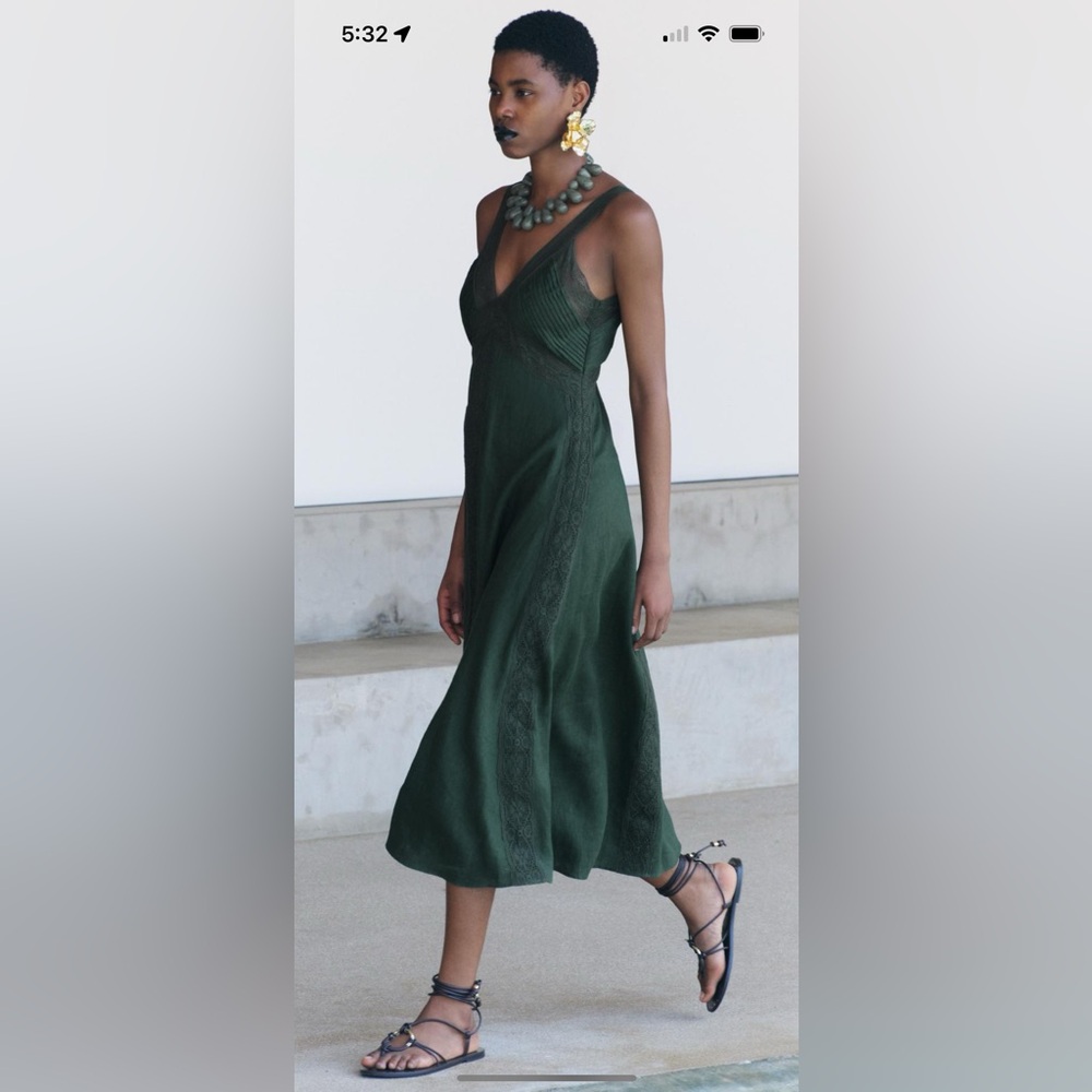 ZARA XL WOMAN LINEN SLIP DRESS ZW COLLECTION GREENISH